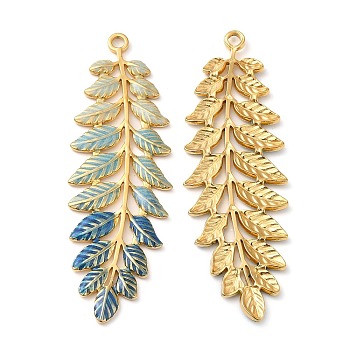 304 Stainless Steel Enamel Big Pendants, Real 18K Gold Plated, Leaf Charm, Steel Blue, 60x20x2mm, Hole: 2.5mm