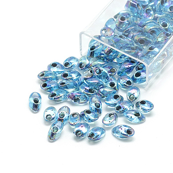 MiYuki Long Magatama Beads, Japanese Seed Beads, (LMA2168) Noir Lined Aqua AB, 7x4mm, Hole: 1mm, about 3500pcs/bag, 450g/bag