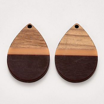 Resin & Walnut Wood Pendants, Waxed, Teardrop, Coconut Brown, 36x25x3mm, Hole: 2mm