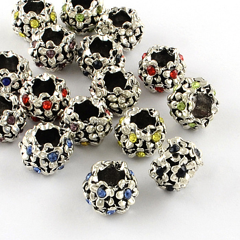 Antique Silver Plated Alloy Rhinestone Flower Large Hole European Beads, Mixed Color, 11x8mm, Hole: 5mm