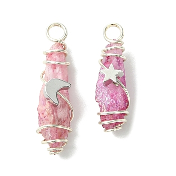 2Pcs Electroplated Natural Quartz Crystal Dyed Copper Wire Wrapped Pendants, Teardrop Charms with Brass Star & Moon, Platinum, Pearl Pink, 28~37x9.5~15.5x7.5~16mm, Hole: 3.5~4mm