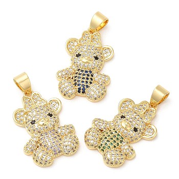Rack Plating Brass Pendants, Glass with Cubic Zirconia, Lead Free & Cadmium Free, Long-Lasting Real 18K Gold Plated, Bear, Mixed Color, 25x17x5mm, Hole: 5x4mm