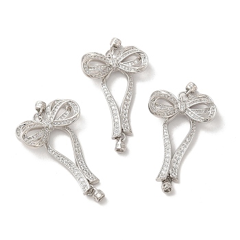 Brass Micro Pave Clear Cubic Zirconia Fold Over Clasps with Cord Ends, Bowknot, Platinum, Bowknot: 33x22.5x5.5mm, Cord End: 5x3.5mm, Hole: 1.5x1.2mm and 1.2x0.7mm