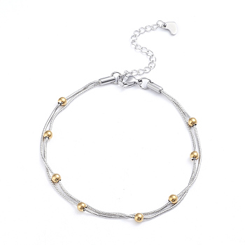 304 Stainless Steel 2-strand Round Snake Chain Bracelets, with Round Beads and Lobster Claw Clasps, Golden & Stainless Steel Color, 8-1/8 inch(20.5cm)
