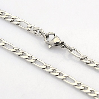 Men's Casual Style 304 Stainless Steel Figaro Chain Necklaces, with Lobster Claw Clasps, Stainless Steel Color, 23.6 inch(59.9cm)