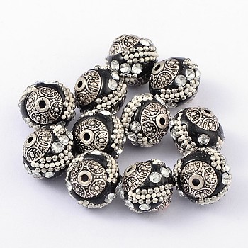 Handmade Indonesia Beads, with Alloy Cores, Round, Black, Antique Silver, 15x15x15mm, Hole: 2mm