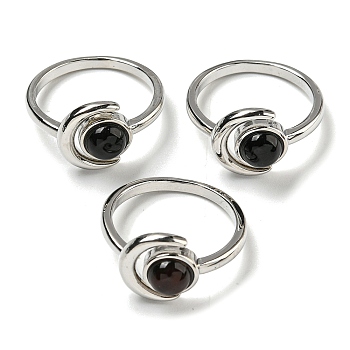 Natural Black Agate Adjustable Rings, with Platinum Brass Findings, Long-Lasting Plated, Jewely for Women, Moon with Round, US Size 8(18.1mm).