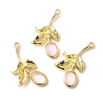 Glass Pendants, Leaf, with Alloy Findings, Rack Plating, Lead Free & Cadmium Free & Nickel Free, Pink, Golden, 31~31.5x17x5mm, Hole: 1.6mm