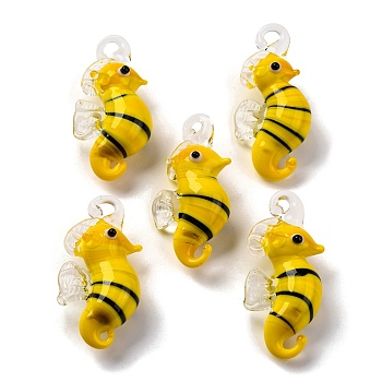 Handmade Lampwork Pendants, Sea Horse Charms, Yellow, 35~40x16~20x11~16mm, Hole: 2.5mm