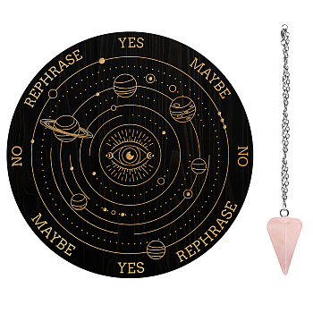 AHADEMAKER 1Pc Custom PVC Plastic Pendulum Board, 1Pc 304 Stainless Steel Cable Chain Necklaces, 1Pc Natural Rose Quartz Stone Pendants, for Witchcraft Wiccan Altar Supplies, Planet Pattern, Board: 200x4mm