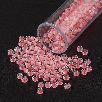 11/0 Grade A Round Glass Seed Beads, Transparent Inside Colours, Light Coral, 2.3x1.5mm, Hole: 1mm, about 48500pcs/pound