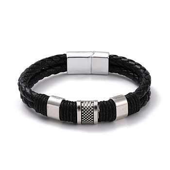 Retro Leather Braided Cord Bracelet for Men, Rectangle Alloy Beads Bracelet with Magnetic Clasps, Antique Silver, Black, 8-1/2 inch(21.5cm)