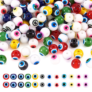 Pandahall 240Pcs 12 Colors Baking Painted Glass Beads, Round with Evil Eye, Mixed Color, 6x5mm, Hole: 1.2mm, 20Pcs/color
