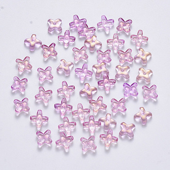 Transparent Spray Painted Glass Beads, with Glitter Powder, Clover, Plum, 8x8x3mm, Hole: 0.9mm