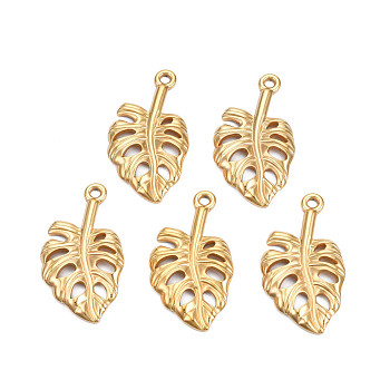 Ion Plating(IP) 304 Stainless Steel Pendants, Tropical Leaf Charms, Monstera Leaf, Nickel Free, Real 18K Gold Plated, 35x19.5x2.5mm, Hole: 2mm