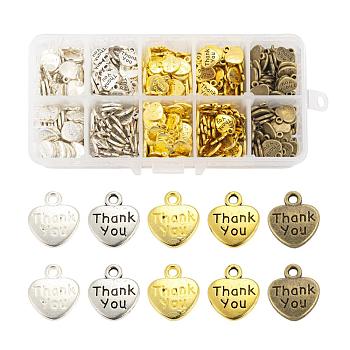 500Pcs 5 Colors Tibetan Style Alloy Charms, Heart with Word Thank you, Mixed Color, 12x11x2mm, Hole: 1.5mm, 100pcs/color