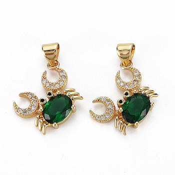 Brass Micro Pave Green Cubic Zirconia Pendants, Nickel Free, Crab, Real 18K Gold Plated, 14x16.5x4.5mm, Hole: 3x5mm