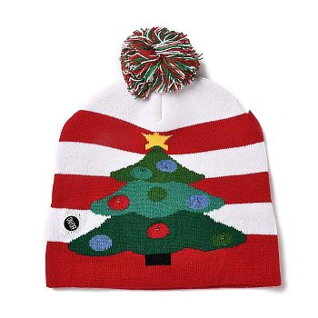 LED Light Up Christmas Acrylic Fibers Yarn Cuffed Beanies Cap, Winter Warmer Knit Hat for Women, with Built-in Battery and Switch, Christmas Tree, 285x240x13.5mm, Inner Diameter: 145mm
