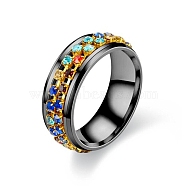 Colorful Rinestone Rotating Finger Ring, Titanium Steel Fidget Spinner Ring for Calming Worry Meditation, Gunmetal, US Size 10(19.8mm)(PW-WG94001-12)