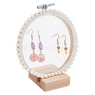 Retro Round Wooden Lace Fabric Earring Display Stands, Embroidery Lace Suspension Earrings Storage Organizer Holder with Plastic Pearl Beads Decor, White, Finish Product: 12.8x6.8x15cm(EDIS-WH0029-82)