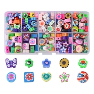 Handmade Polymer Clay Beads, Flower & Butterfly & Square, Mixed Color, 7.5~11x7.5~13.5x4~7mm, Hole: 1.5~2mm, 197pcs/box(CLAY-FS0001-20)