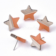 Transparent Resin & Wood Stud Earrings, with 304 Stainless Steel Pin, Star, Coral, 17x18mm, Pin: 0.7mm(EJEW-N017-001A-D04)