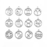 201 Stainless Steel Pendants, Manual Polishing, Ring with Twelve Constellations, Stainless Steel Color, Random Mixed Constellations, 18x16x1.5mm, Hole: 1.6mm(STAS-D231-MP)