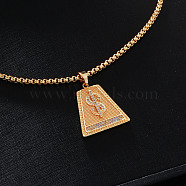 Brass Full Clear Cubic Zirconia Dollar Sign Trapezoid Pendant Box Chain Necklaces, Golden, 23.62 inch(60cm)(IF1636-2)