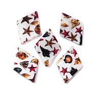 Natural Freshwater Shell Pendants, Starfish Printed Rhombus Charms, Brown, 21x14x2mm, Hole: 1.2mm(BSHE-S304-19C)