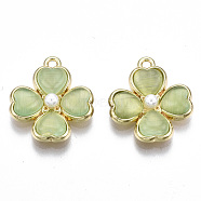 Rack Plating Alloy Pendants, with ABS Plastic Imitation Pearl and Cat Eye, Cadmium Free & Lead Free, Clover, Light Gold, Yellow Green, 19.5x17x4.5mm, Hole: 1.5mm(PALLOY-S132-214B-RS)