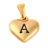 304 Stainless Steel Pendants, Heart with Black Letter, Golden, Letter A, 16x16x4.5mm, Hole: 7x3mm(STAS-P278-01A-G-1)