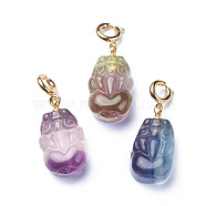 Carved Natural Fluorite Pendants, with Brass Spring Ring Clasps, Long-Lasting Plated, Pi Xiu, Golden, 27mm, Pendant: 19x11x7mm(G-J387-46)
