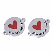 201 Stainless Steel Enamel Links connectors, for Valentine's Day, Flat Round with Heart and Word You Are My Love, Red, Stainless Steel Color, 16x21x1mm, Hole: 1.4mm(STAS-S079-145A-P)