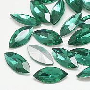Pointed Back Glass Rhinestone Cabochons, Back Plated, Faceted, Horse Eye, Med.Emerald, 15x7x4mm(RGLA-T083-7x15mm-15)
