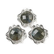 Natural Labradorite Faceted Connector Charms, Rack Plating Platinum Plated Brass Oval Links, 23x23.5x6~6.5mm, Hole: 1.5mm(G-M431-09P-02)