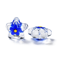 Transparent Glass Beads, with Enamel, Flower, Medium Blue, 21x22x11mm, Hole: 1.2mm(GLAA-H028-01F)
