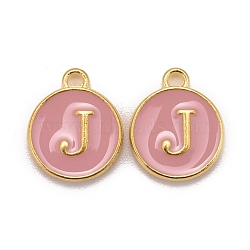 Golden Plated Alloy Enamel Charms, Cadmium Free & Lead Free, Enamelled Sequins, Flat Round with Letter, Pink, Letter.J, 14x12x2mm, Hole: 1.5mm(ENAM-S118-07J)