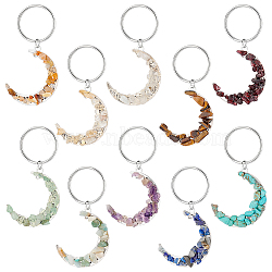 Moon Tibetan Style Alloy & Gemstone Chip Keychains, with 304 Stainless Steel Split Key Rings, 6.7cm, 10 style, 2pcs/style, 20pcs/set(KEYC-AB00069)