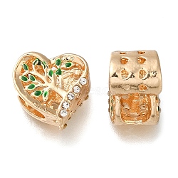 Rack Plating Alloy Enamel European Beads, with Rhinestone, Large Hole Beads, Heart with Tree of Life, Golden, 11x12x7.5mm, Hole: 5mm(PALLOY-A009-22G)