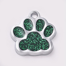 Alloy Enamel Charms, with Glitter Powder, Dog Paw Prints, Platinum, Dark Green, 17.7x16.6x2mm, Hole: 2mm(ENAM-TAC0001-05B)