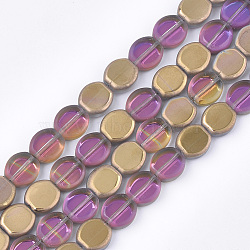 Frosted Electroplate Glass Beads Strands, Half Plated, Oval, Goldenrod, 10x9~9.5x4mm, Hole: 1mm, about 65pcs/strand, 25.5 inch(EGLA-S188-01B-02)