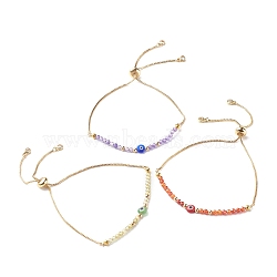 Brass Slider Bracelets, with Cubic Zirconia Beads, Handmade Evil Eye Lampwork Flat Round Beads, Mixed Color, Inner Diameter: 3/4~3-1/2 inch(2~8.9cm), 3pcs/set(BJEW-JB06594)