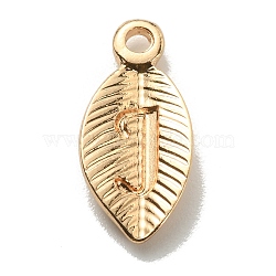 Alloy Pendants, Leaf with Letter Charm, Light Gold, Letter.J, 15.5x7.5x2.5mm, Hole: 1.5mm(FIND-TAC0011-69J-KCG)