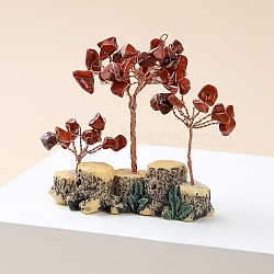 Natural Red Jasper Chips Tree Decorations, Wood Stump Base with Copper Wire Feng Shui Energy Stone Gift for Home Office Desktop, 80x80~100mm(PW-WG91169-05)