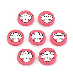 Handmade Polymer Clay Cabochons, Flat Round with Sheep, Light Coral, 9~9.5x1.5~2mm, about 5200pcs/1000g(CLAY-N006-114)