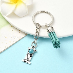 Alloy with Resin Imitation Synthetic Turquoise Keychain, with Tassel Pendant and Iron Rings, Letter I, 8cm, Pendant: 26~35mm(KEYC-YW00087-09)