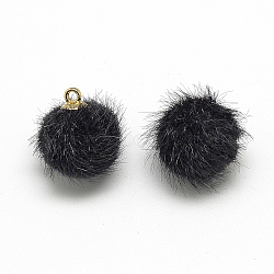 (Clearance Sale)Faux Mink Fur Covered Charms, with Golden Tone Brass Findings, Round, Black, 21x18~19mm, Hole: 2mm(WOVE-S084-38C)