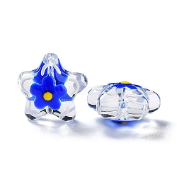 Transparent Glass Beads, Hand Drawn Beads, with Enamel, Flower, Medium Blue, 21x22x11mm, Hole: 1.2mm(GLAA-H028-01F)