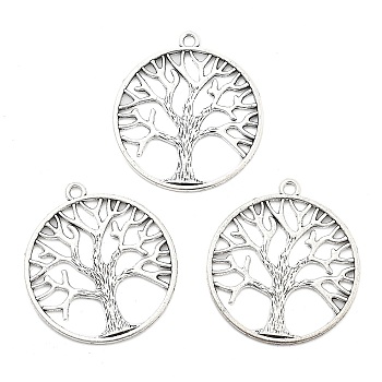 Alloy Pendants, Flat Round with Tree of Life Charms, Antique Silver, 37.5x34x1.5mm, Hole: 2mm