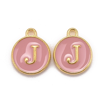 Golden Plated Alloy Enamel Charms, Cadmium Free & Lead Free, Enamelled Sequins, Flat Round with Letter, Pink, Letter.J, 14x12x2mm, Hole: 1.5mm